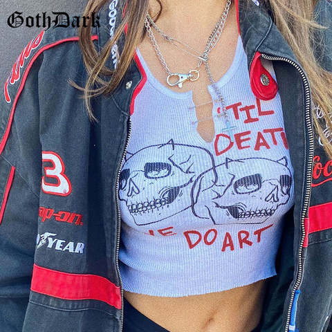 Goth Dark Gothic Aesthetic Punk Grunge Tank Tops Mall Goth Harajuku White Women Cropped Knitted Skull Graphic Print Slim Emo Top ► Photo 1/6