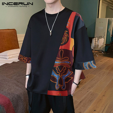 INCERUN Men Casual T Shirt Loose Printed Patchwork Round Neck Half Sleeve Vintage Tees 2022 Streetwear Mens T-shirts Plus Size ► Photo 1/6