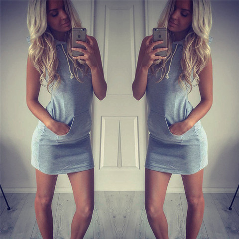 Summer Women Slim Sport Hooded Dress 2022 Pullover Mini Dresses Casual Beach Short Dress With Pockets Bandage Vestidos Hot Sale ► Photo 1/5