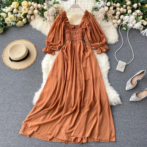 Summer Women's Dress New Square Collar Wooden Ear Bubble Sleeve Dress Korean Style Waist Slim Chiffon Female Dresses LL087 ► Photo 1/6