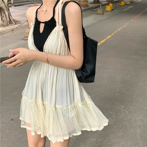 summer mini dress 2022 holiday style girls sweet loose lace up spaghetti strap dress womens  (R98259) ► Photo 1/5