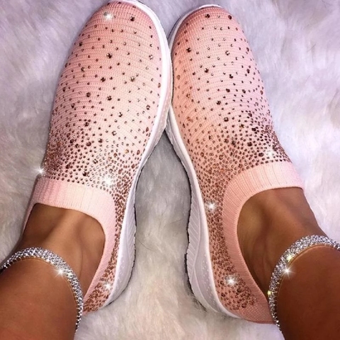 Women's Ladies Ankle Shoes Flat Loafers Crystal Fashion Bling Sneakers Casual Ladies Slip On Breathable Casual Shoes #45 Zapatos ► Photo 1/6