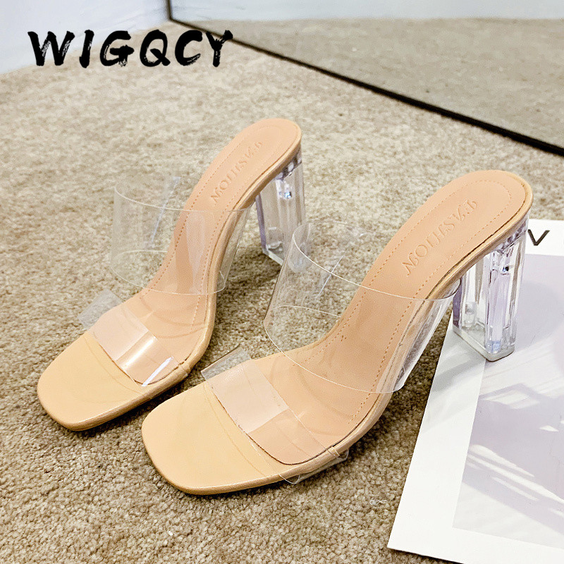 Transparent High Heels Women Square Toe Sandals Summer Shoes Woman