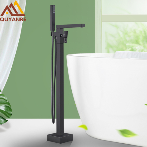 Quyanre Matte Black Square Bathtub Shower Faucets Floor Standing Faucet Hot Cold Water Shower Mixer Tap Bathroom Waterfall Mixer ► Photo 1/6