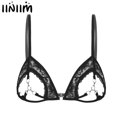 Black Womens Femme Sissy Bras See Through Sheer Lace Lingerie Spaghetti Straps Open Cups Bra Top with Rings Linked at Bust ► Photo 1/6