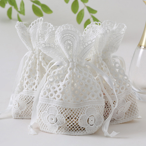 6pcs 10*14 White round hole Lace Bag Jewelry Storage Bag Milk Yarn Bundle Pocket Drawstring Bags Packaging Party Wedding Favors ► Photo 1/6