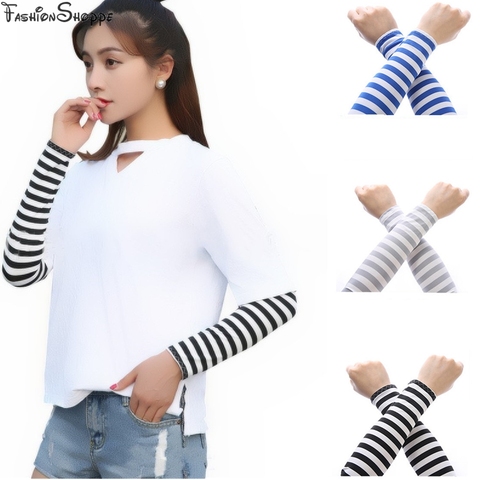 HOT New Design Cold Sleeve Cuffs Striped Sunscreen Arm Sleeves Armguard Summer Driving  UV Arm Warmers 37cm ► Photo 1/6