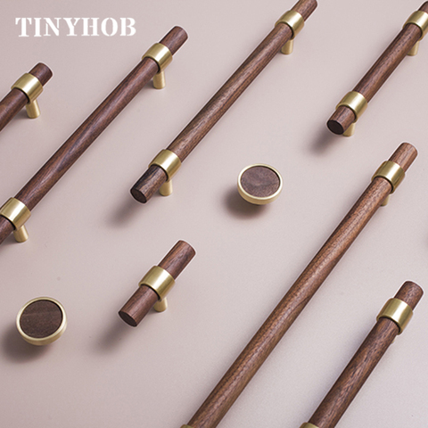 Natural wood + brass T bar  Door Handles American style Furniture Handles Drawer Pulls Kitchen Cabinet Knobs and Handles ► Photo 1/6