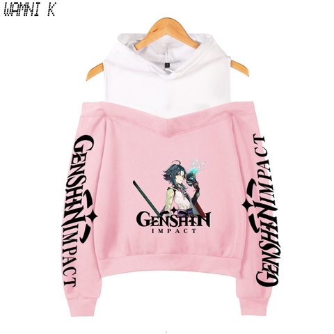 Genshin Impact Crop Shoulder hoodies womens Sweatshirts Pullover Off-shoulder Harajuku girl's hooded fashion Tracksuit Oversized ► Photo 1/4