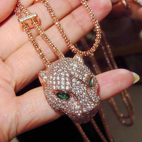 Classic fashion Leopard Head pendant Cubic Zirconia Stone Animal  Panther necklace for Men or Women designer copper jewelry ► Photo 1/6