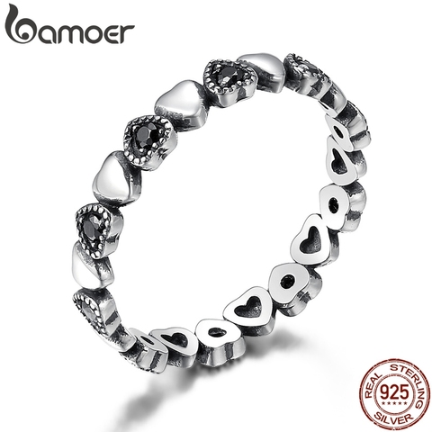 BAMOER Genuine 925 Sterling Silver Stackable Ring Heart Black CZ Finger Rings for Women Wedding Anniversary Jewelry Anel SCR140 ► Photo 1/6