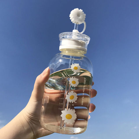 450ML New Kawaii Glass Water Bottle Straw and lid Cartoon Frosted Leakproof  Drinkware Bottle Portable Camping Water Bottle