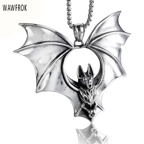 WAWFROK Vintage Punk Chain Bats Pendant Necklace  Black Enamel Vampire Bat Stainless Steel Necklace & Pendant Men colar jewelry ► Photo 1/6