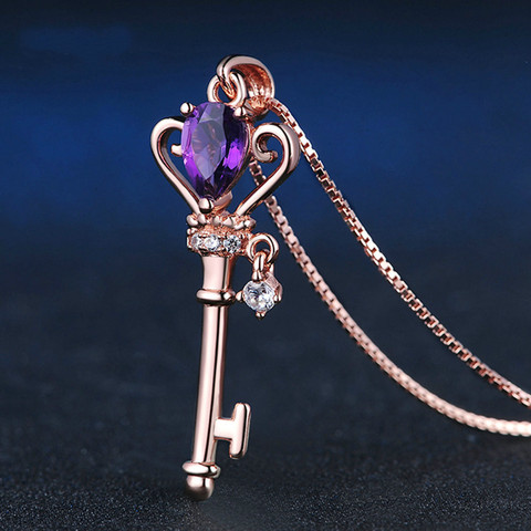 Natural Amethyst 925 Silver Mosaic Zircon Key Pendant Trendy Chain Necklace Fashion Charm Personality Jewelry Accessories ► Photo 1/4