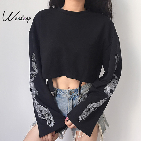 Weekeep Dargon Printed Cropped Streetwear Hoodies Women Black O-neck Loose Pullover Long Sleeve Knitted Sweatshirt Hoodie Women ► Photo 1/6