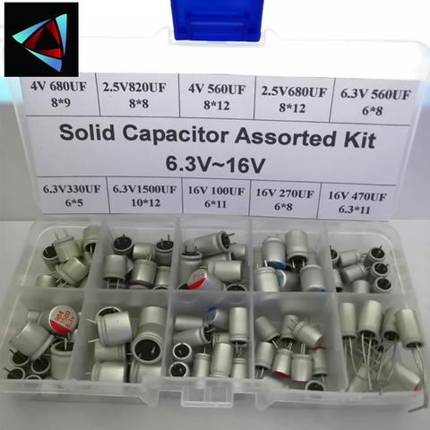 10 Values 100pcs Solid Capacitor Assorted Kit 6.3V~16V 100uF~1500uF With Box Capacitors Electronic Components ► Photo 1/1