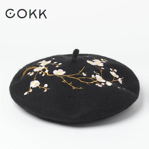 Embroidered Flower Wool Beret Korean Autumn Winter Hats For Women Ladies Painter Cap Vintage Bonnet Beanie Chapeau Femme Gorras ► Photo 1/6