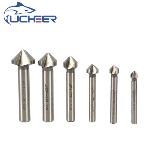 Free Shipping UCHEER 6pcs  90 Degree HSS Chamfer Cutter 6.3-20.5mm 3Flute Chamfer Drill Bit Set Countersink Drill Bit ► Photo 1/6