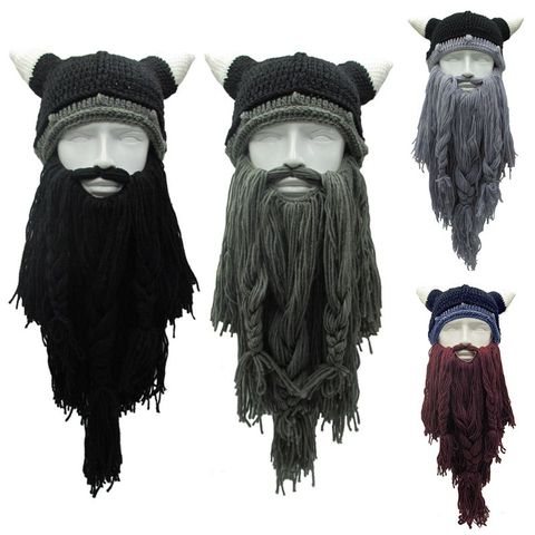 Adult Crazy Funny Halloween Cosplay Knitted Viking Beard Horn Hat Ski Mask Barbarian Vagabond Vintage Beanie Cap Winter Warmer ► Photo 1/6