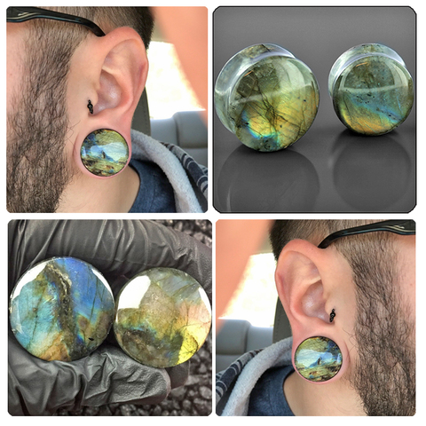Pair Labradorite Stone Ear Flesh Tunnel Plugs Double&Single Flared Plug Glow Stone Ear Gauges Expander Body Piercing Jewelry ► Photo 1/6
