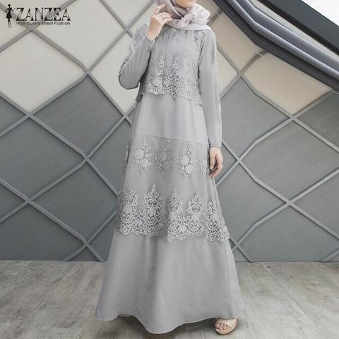 ZANZEA Elegant Women Muslim Lace Crochet Maxi Dress Autumn Long Sleeve Patchwork Sundress Kaftan Abaya Turkey Hijab Dress Caftan ► Photo 1/6