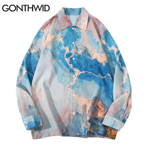 GONTHWID Tie Dye Painting Print Beach Hawaiian Shirts Long Sleeve Button Shirt Hip Hop Harajuku Casual Holiday Party Blouse Tops ► Photo 1/6