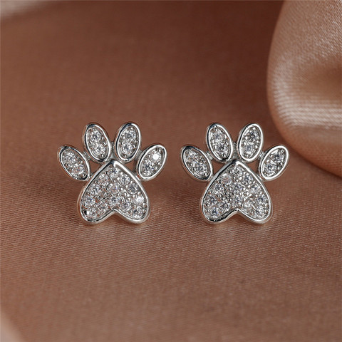 Cute Heart Cat Paw White Zircon Stud Earrings For Women Vintage Fashion Animal Footprint Crystal Stone Earrings Wedding Jewelry ► Photo 1/6