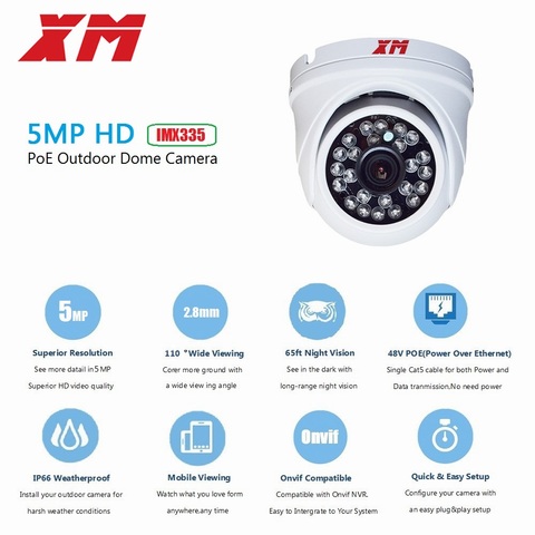 5MP Dome IP POE Camera HD IR Wide Angle 2.8mm Lens IP 2592x1944P Security Camera  Onvif H.265/H.264 IP66 Outdoor Waterproof 335 ► Photo 1/6