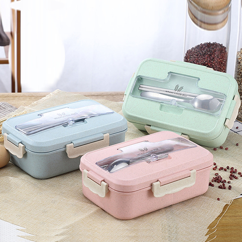 Microwave Lunch Box Wheat Straw Dinnerware with Spoon Chopsticks Food Storage Container Children Kids School Office Bento Box ► Photo 1/6