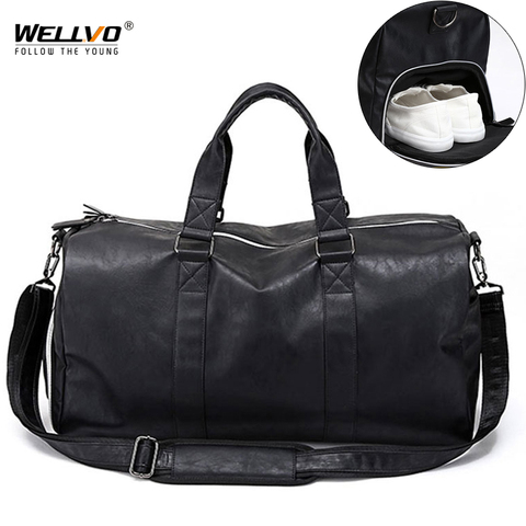 Male Leather Travel Bag Large Duffle Independent Shoes Storage Big Fitness Bags Handbag Bag Luggage Shoulder Bag Black XA237WC ► Photo 1/6
