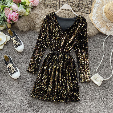 Spring Autumn Women's Sequin V-neck Dress Long Sleeve Dress New Temperament Slim Sexy Party Dress Bottoming Dress GD245 ► Photo 1/6