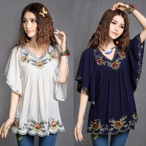 2022 Women Cotton Tops Clothes Vintage Mexican Ethnic Floral Embroidery Batwing Loose Casual Boho Tunic Blouse Blusa Mujer ► Photo 1/6