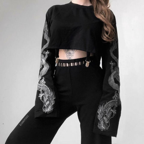 Gothic Punk Cool Girl Dragon Pattern t shirts Long Sleeve Suspenders Women T-Shirt Crew Neck Black Crop Top Autumn Pullover ► Photo 1/6