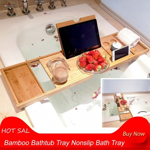 Bamboo Bathtub Tray Nonslip Bath Tray Spa Bathtub Caddy Organizer Book Wine Tablet Holder Reading Rack ► Photo 1/6