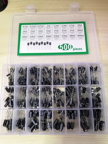 1box Aluminum electrolytic capacitor kit 500pcs 10V 16V 25V 50V 0.22/0.47/1/2.2/3.3/4.7/10 22 33 47 100 220 330 470 680 1000 UF ► Photo 1/2