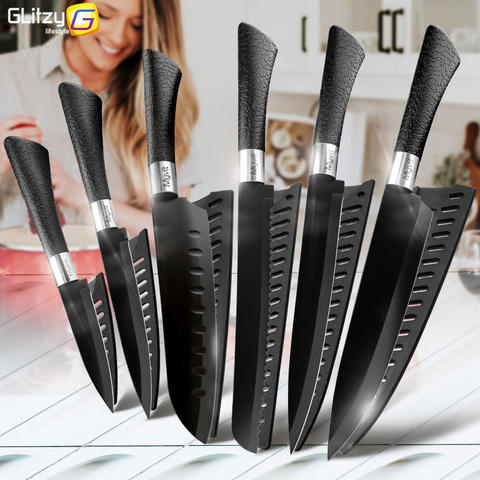 Kitchen Knife 3.5'' 5'' 7'' 8'' Chef 7CR17 440C Stainless Steel Non Stick Blade Bread Slicer Utility Santoku Knives 6 Pieces Set ► Photo 1/6