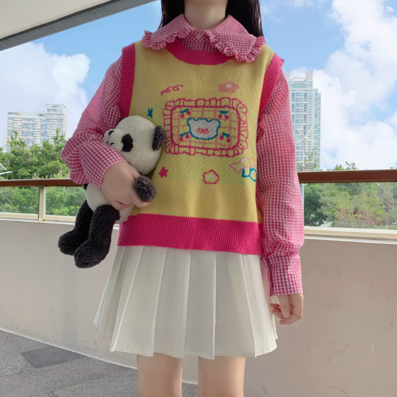 Panda Loose V Neck Vest Knitted Sleeveless Sweater