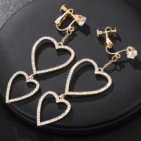 Exaggerated Fashion Hollow Crystal Heart Clip on Earrings Long Chic Non Pierced Earring Clips Jewelry Accessories for Women Girl ► Photo 1/6