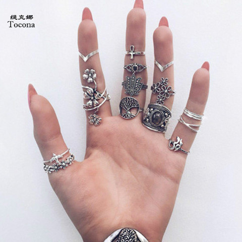 Tocona 14pcs/Set Vintage Antique Silver Color Ring for Women Rose Sunflowers Cross Geometric Bohemia Jewelry 4кольцо 6391 ► Photo 1/6