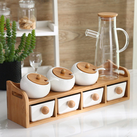 Kitchen Accessories 1-7pcs/Set Ceramic Seasoning Pot Set Wooden Tray Spice Jar With Wood Lid Seasoning Box Salt Shaker ► Photo 1/6