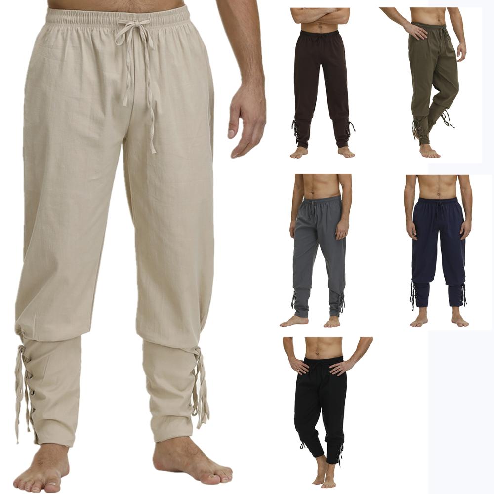 Men Ankle Banded Lace Up Pants Medieval Middle Ages Viking Navigator Pirate  Costume Trousers