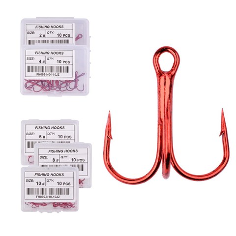 10pcs/ Box Fishing Hooks High Steel Carbon Material Treble Fishing Hook Round Folded Saltwater Bass Red 2 # -10 # Tackle Tools ► Photo 1/6