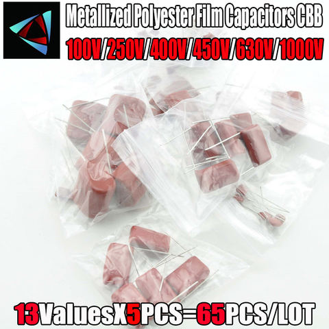 100V 250V 400V 450V 630V 1000V 13ValuesX5PCS=65PCS,Metallized Polyester Film Capacitors CBB Assortment Kit ► Photo 1/1