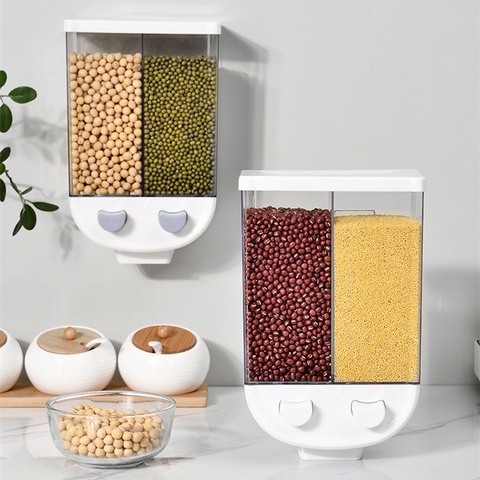 2L Kitchen Whole Grains Cereal Dispenser Divided Sealed Storage Tank 2 Grids Wall-Mounted Food Storage Containers ► Photo 1/6