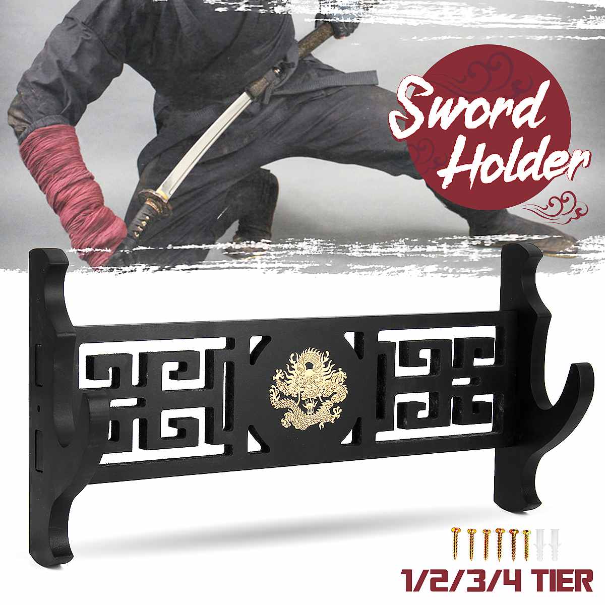 Real Wood Katana Samurai Sword Holder Stand Wall Mount Bracket Hanger 2 Layer 