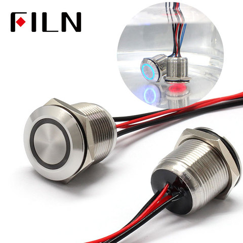 FILN 19MM 12V tri color IP68 waterproof flat round momentary push button switch metal stainless steel  with wire ► Photo 1/6