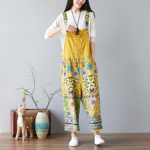 Autumn Vintage Plus Size Casual Women Wide Leg Jumpsuit with Pockets Belt Trousers Loose Flower Printed Crotch Jeans Jumpsuit ► Photo 1/6