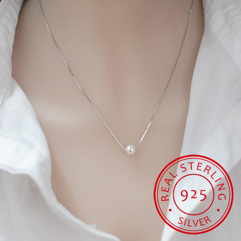 925 Sterling Silver Fine Jewelry Simple Hot Fashion 10mm Real Pearl Box Chain Necklace kolye collares bijoux femme S-N55 ► Photo 1/5