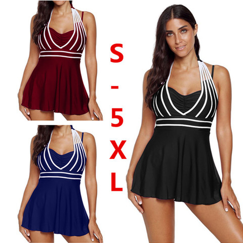 S-5XL Plus Size Swimwear Women Halter Swimdress Two Pieces Tankini Set Monokini  Bathing Suit Black White One Piece Swimsuit ► Photo 1/6