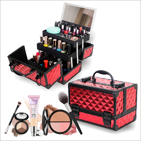 Professional cosmetic case hand-held mirror  two-layer aluminum suitcase insert storage nail box tattoo bag make up case ► Photo 1/6